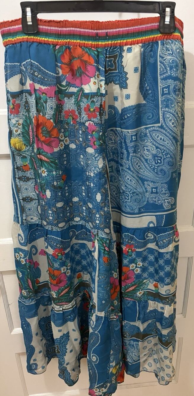 Johnny Was Pants Womens Large Blue Silk Floral Boho Elastic Waist No Drawstring